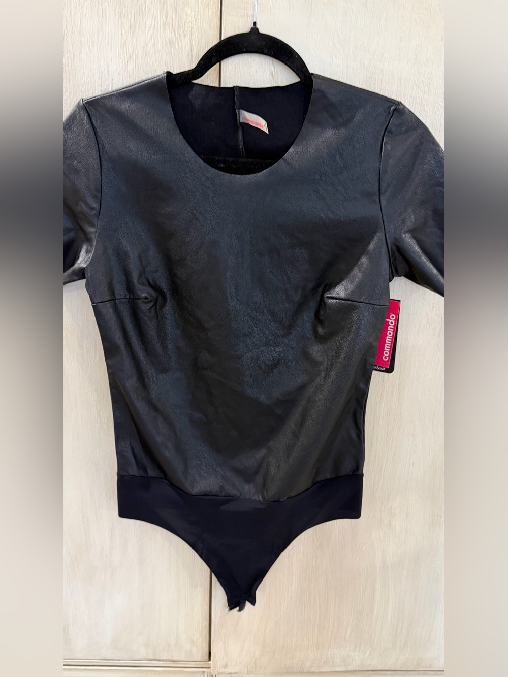 Womans Black Short-Sleeve Faux Leather Shirt Bodysuit